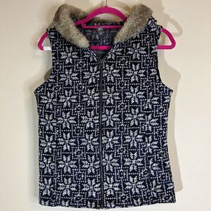 T by Talbots Knit Jacket Vest Womens Small Fleece Lined Faux Fur Snowflake Hood